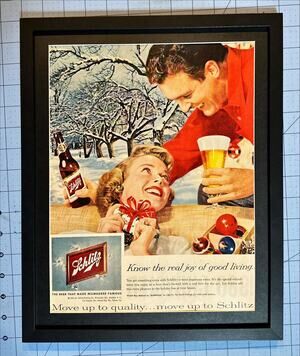 FRAMED Schlitz Beer 1959 Vintage Print Ad Retro Couple Christmas Snow Beer